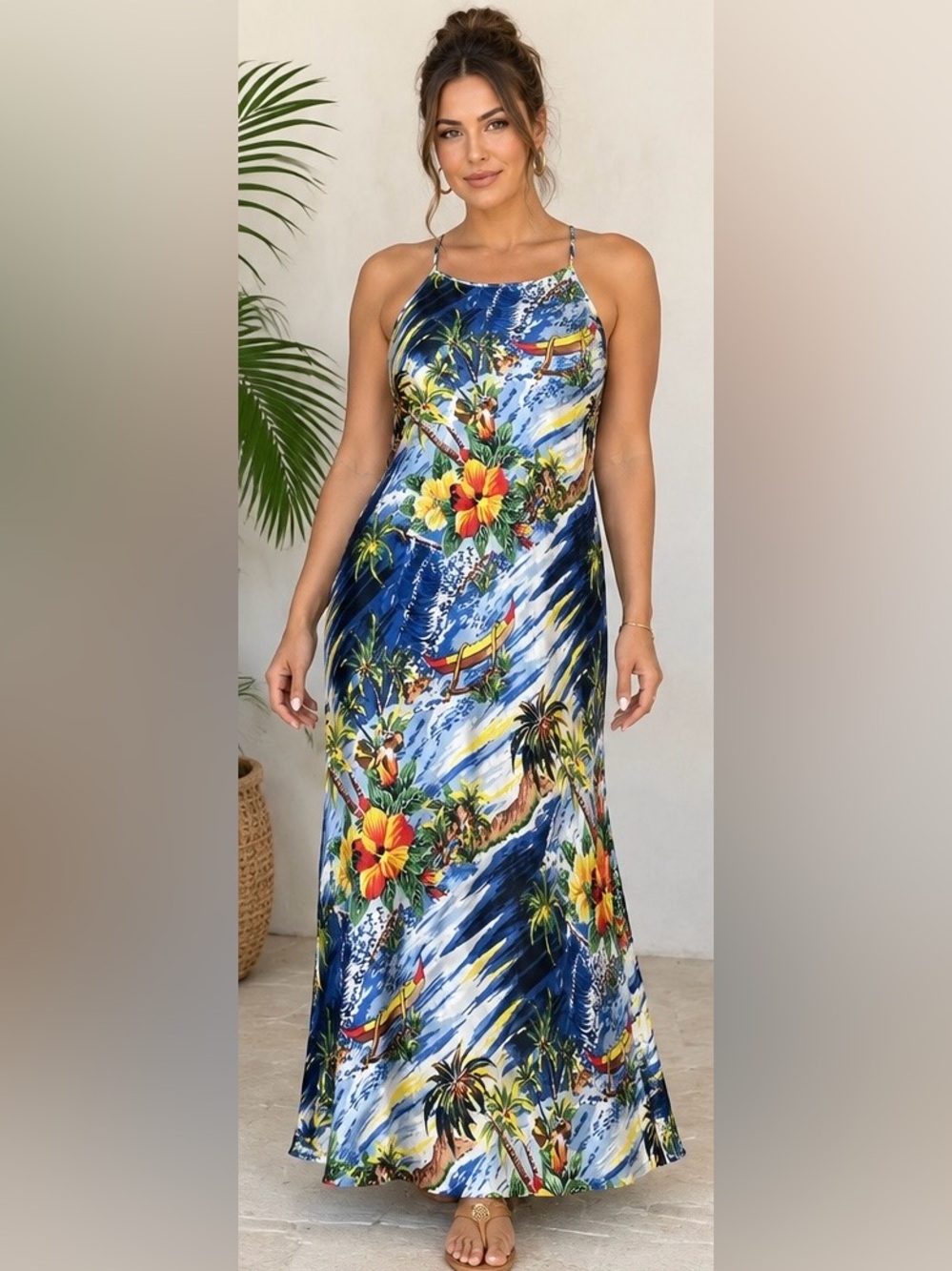 Vintage Avanti Hawaiian Silk Slip Dress Size Large Tropical